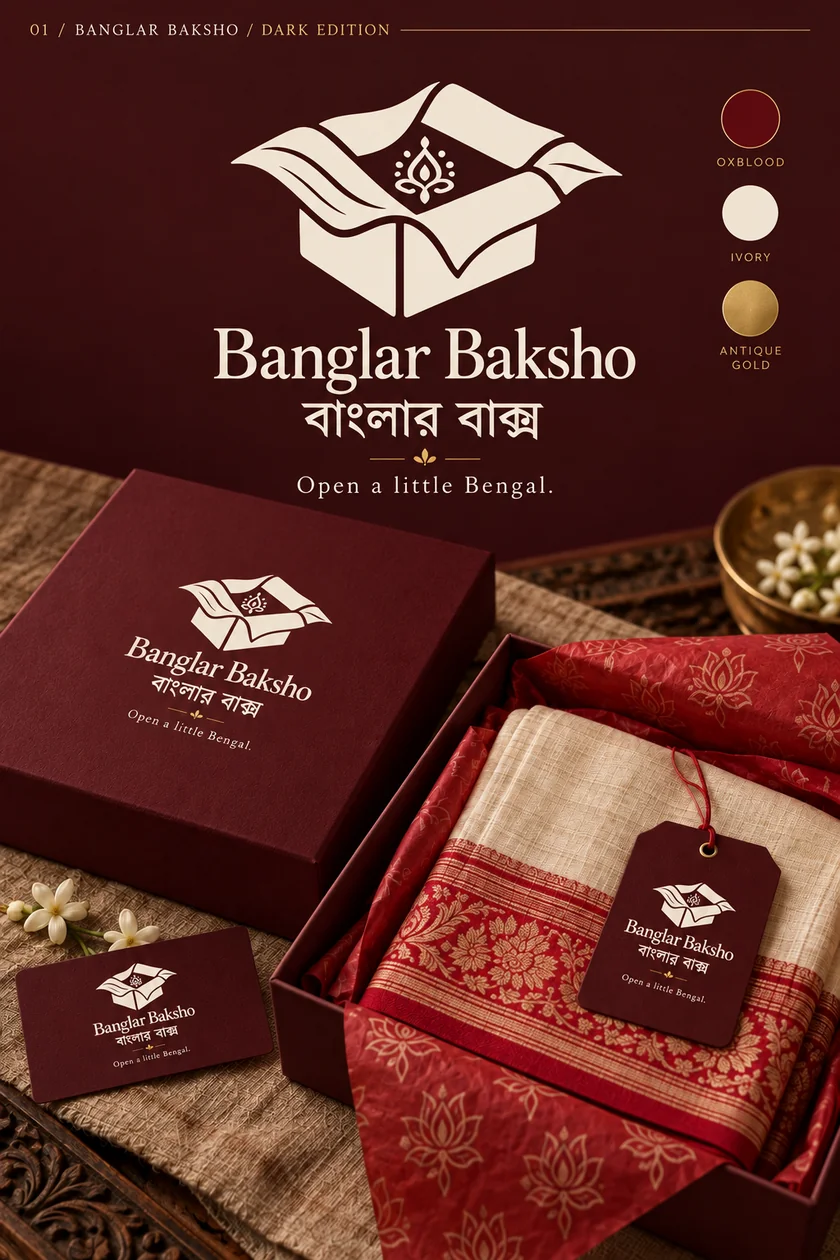 Banglar Baksho original burgundy brand presentation