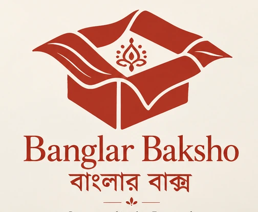 Original Banglar Baksho vermilion open-box logo with English and Bengali name