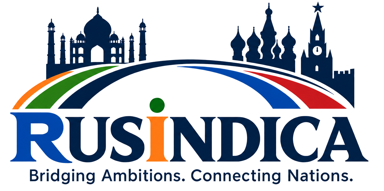 Original RusIndica logo, India–Russia architecture and connected bridge